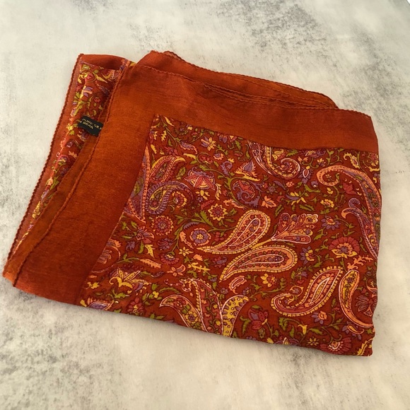 Handloom Pure Silk Scarf India Vibrant Rich Burnt Orange Terracotta  43”x43” - Picture 2 of 16